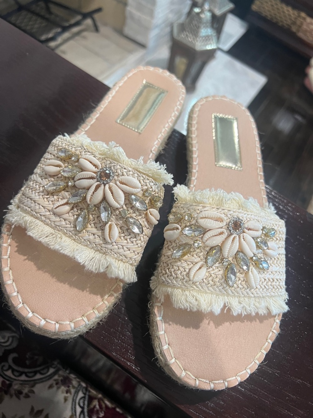 Embellished Beige Slide Sandals for Women
